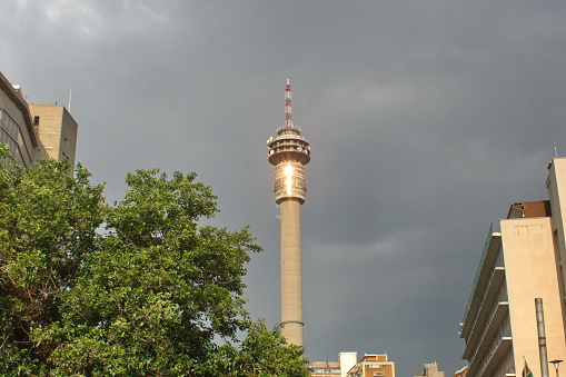 Hillbrow Tower against a stormy sky in Johannesburg, South Africa