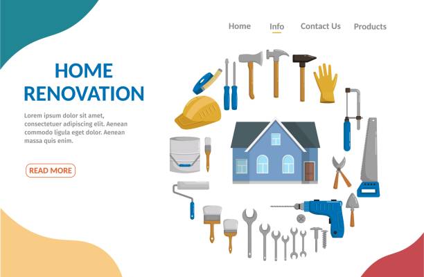 istock Home renovation of building tools repair vector cartoon illustration banner. 1190222405