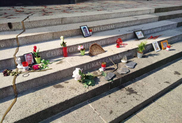 memorial in memory of the 2016 Berlin attack, TIR overwhelms the crowd in the Christmas market Berlin, Germany -  8 august 2019: memorial in memory of the 2016 Berlin attack, TIR overwhelms the crowd in the Christmas market kaiser wilhelm memorial church stock pictures, royalty-free photos & images