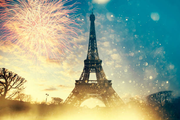 Colorful fireworks in Paris, Eiffel tower. stock photo