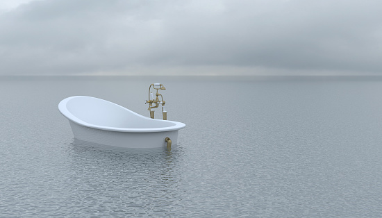 A classic-style bathtub floats on the surface of a calm sea or ocean in cloudy foggy weather. Conceptual creative illustration with copy space. 3D rendering.