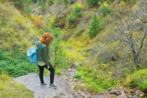 istock Female hiker walking in mountains forest. 1190223947