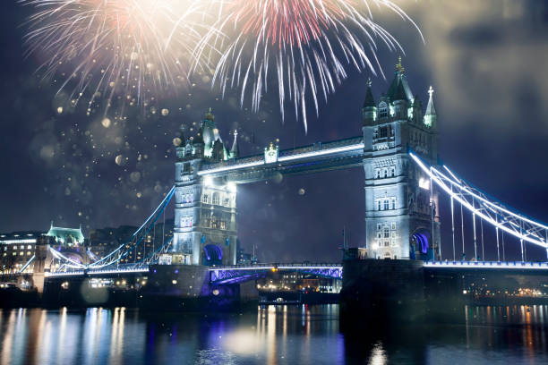 istock Famous Tower Bridge in the evening with fireworks, London, England 1190224042