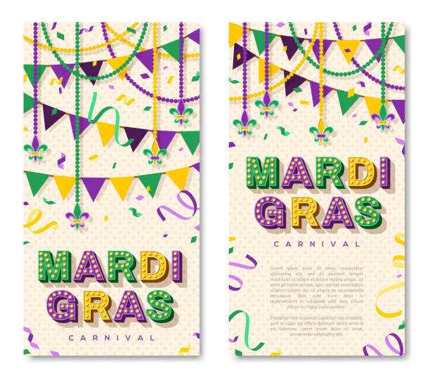 Mardi Gras vertical banners Mardi Gras vertical banner with typography design. Vector illustration with retro light bulbs font, streamers, confetti and hanging garlands mardi gras stock illustrations