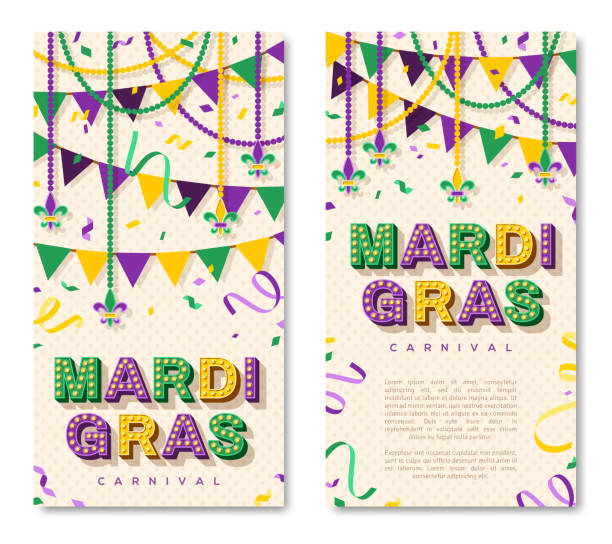 Mardi Gras vertical banners Mardi Gras vertical banner with typography design. Vector illustration with retro light bulbs font, streamers, confetti and hanging garlands mardi gras flyer stock illustrations