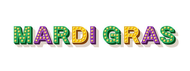 Mardi Gras typography design Mardi Gras typography design. Vector illustration. Retro light bulbs font purple and gold masquerade masks stock illustrations