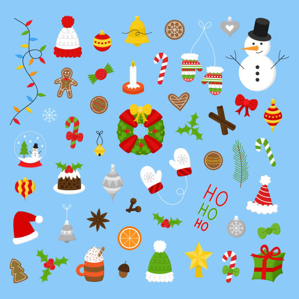 ilustraciones, imágenes clip art, dibujos animados e iconos de stock de colección de vectores de objetos navideños - christmas anise star anise clove