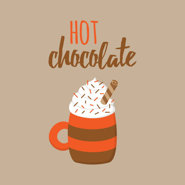 Hot chocolate illustration Hot chocolate vector graphic illustration with writing. Autumn, winter seasonal warm, hot cocoa drink in mug with whipped cream, sprinkles and sweet roll. whipped cream dollop stock illustrations