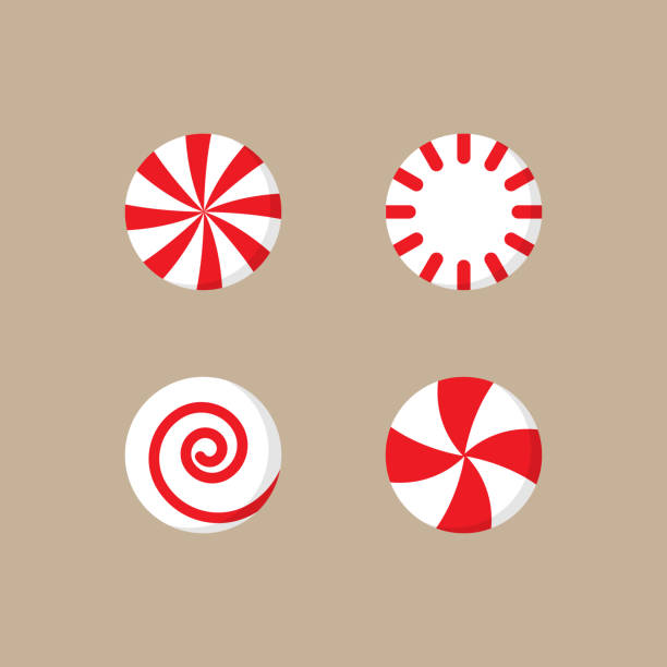 Christmas peppermint candy Christmas peppermint candy vector illustration icon set. Round red and white xmas, holiday candy with swirls. Isolated on beige background. candy peppermint christmas mint stock illustrations