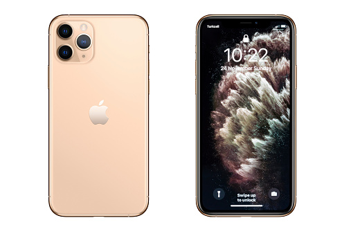 New York, USA- November 24, 2019: iPhone 11 Pro Max Gold smartphone front and rear side on white background. iPhone 11 was released on September 20, 2019.