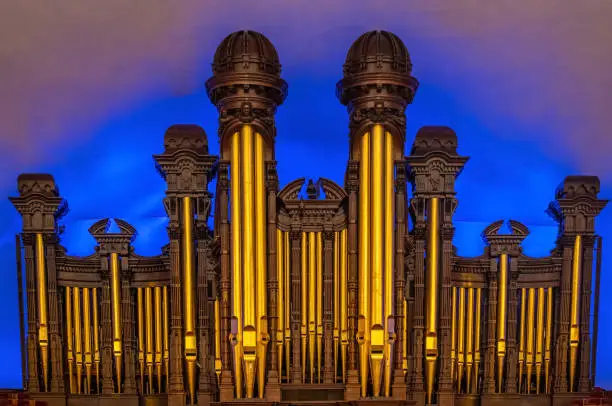 Photo of The Salt Lake Tabernacle organ, a pipe organ used to accompany The Tabernacle Choir at Temple Square, Salt Lake City, Utah