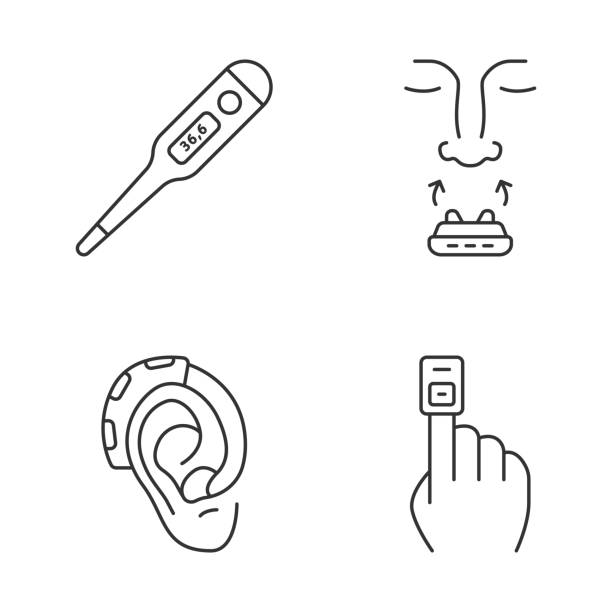 Medical devices linear icons set Medical devices linear icons set. Digital thermometer, anti snoring clip, hearing amplifier, finger pulse oximeter. Thin line contour symbols. Isolated vector outline illustrations. Editable stroke bloody nose stock illustrations