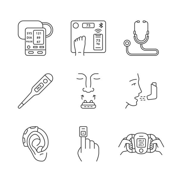 illustrations, cliparts, dessins animés et icônes de ensemble d'icônes linéaires de dispositifs médicaux - nose job audio