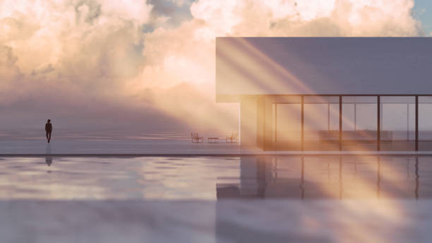 3D render of a modern building at sunset