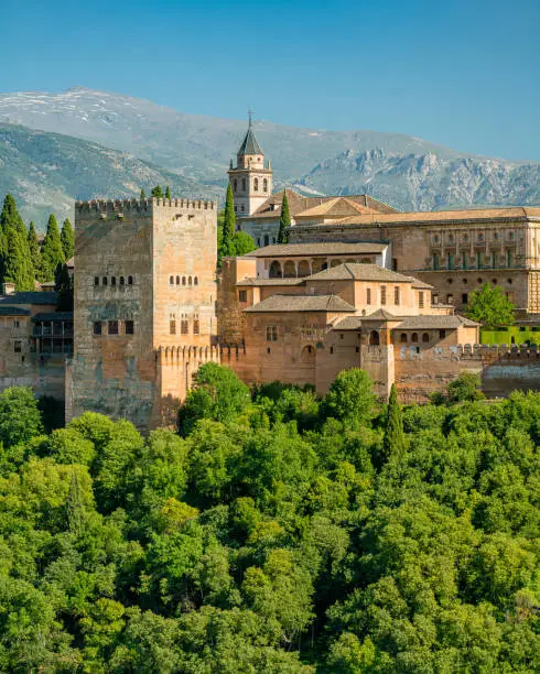 Panoramic sight of the Alhambra Palace in Granada as seen from the Mirador San Nicolas. Andalusia, Spain.