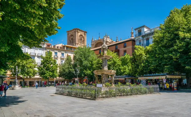 The picturesque Bib Rambla Square (Plaza) in Granada on a sunny summer morning. Andalusia, Spain. June-04-2019