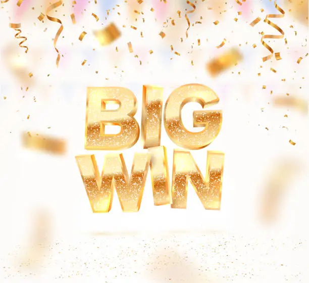 Vector illustration of Big win gold sign vector banner for gambling template. Falling down confetti light background with blur motion effect. Illustration for casino or online games