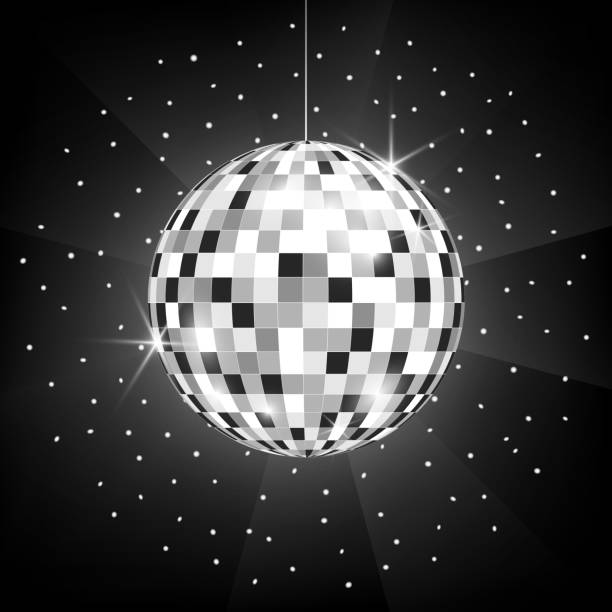 illustrazioni stock, clip art, cartoni animati e icone di tendenza di illustrazione vettoriale di disco o palla speculare su sfondo nero. - disco ball sunbeam evening ball design