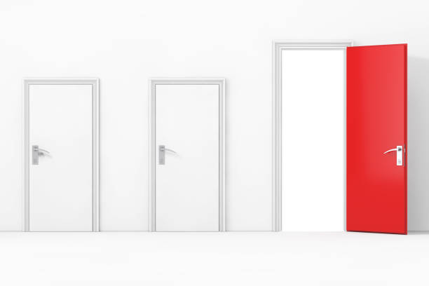 istock Three Business Office Doors, with One Big, Main, Opened and Red in Front of Wall. 3d Rendering 1190240651