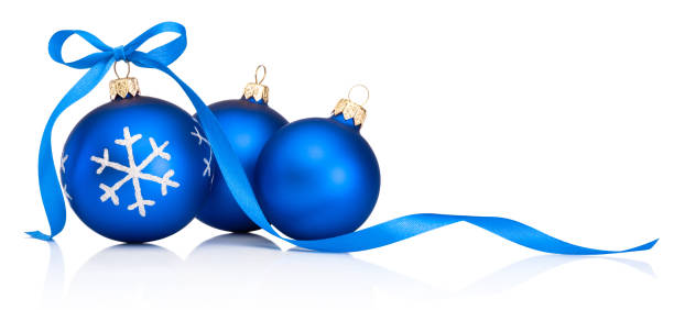 istock Three blue Christmas decoration bauble with ribbon bow isolated on white background 1190240674