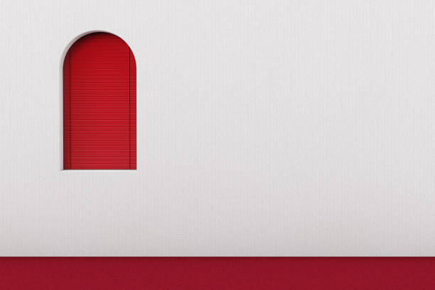 Red Window with Venetian Blinds in Room with Red Carpet and White Wall extreme closeup. 3d Rendering