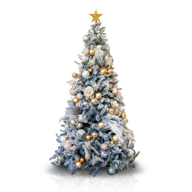 albero di natale decorato isolato su bianco - christmas christmas tree angel decoration foto e immagini stock