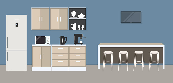 Office kitchen. Break room. Dining room in the office. Interior. There are kitchen cabinets, a fridge, a table, chairs, a microwave, a black kettle, TV and a coffee machine in the picture. Vector illustration