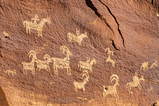 Ute Petroglyphs, Delicate arch hiking trail, Arches National Park, adjacent to the Colorado River, Moab, Utah, USA
