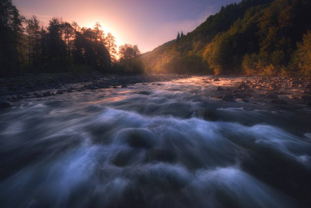 istock sunrise over fast mountain river 1190243133
