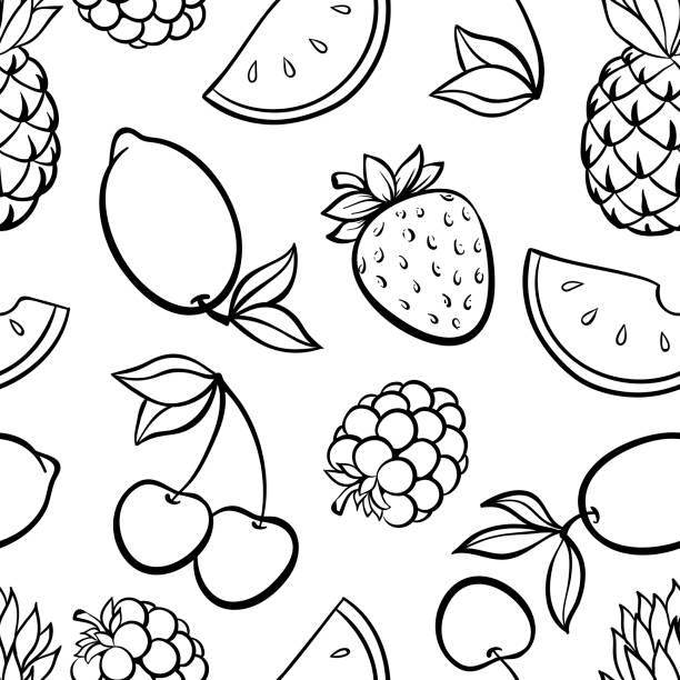 ilustrações de stock, clip art, desenhos animados e ícones de beautiful seamless pattern with cute doodle fruits sketch. hand drawn trendy background. design background greeting cards, invitations, fabric and textile - watermelon melon fruit juice