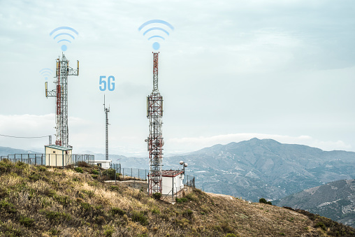 5G antennas and GSM transmitters. Concept for high speed 5G internet.