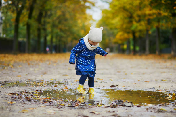 istock Child wearing yellow rain boots and jumping in puddle 1190246757