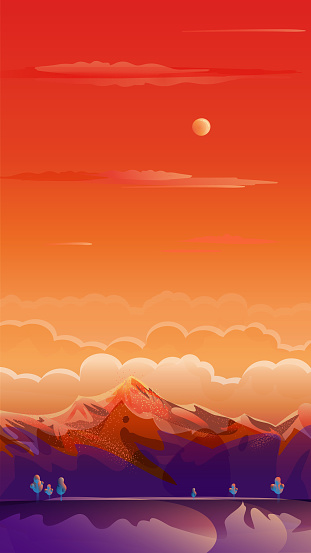 Rocky Mountains Rising of The Sun, Exotic Paradise Landscape. Rural fields, rugged mountains, road, campgrounds. Romantic Summer sunset sky clouds painting poster. Adventure in Nature, Traveling, Voyage, Brazil, Sunrise Gradient sign, flat design, Graphical User Interface, Social Media, Story Post background. Auto Post Production Filter. Abstract Vector illustration