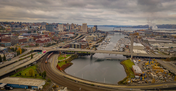 Aerial shot of dowtown Tacoma with waterway,bridge,union station visible