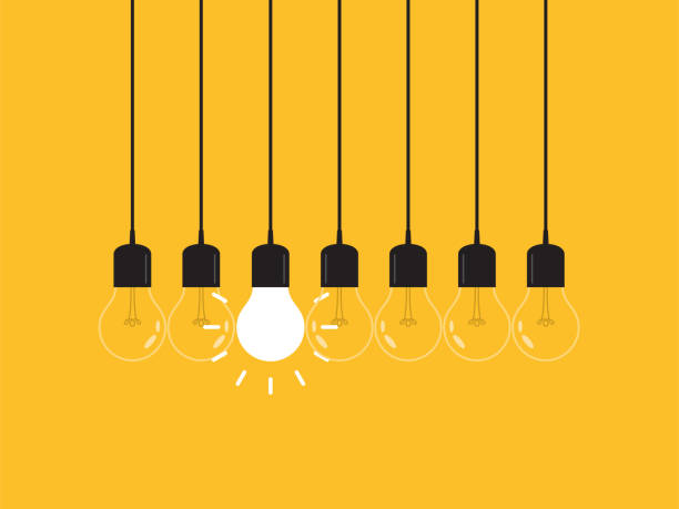 Think differently, standing out from the crowd -The graphic of light bulb represents business concept. New idea, change, trend, courage, creative solution, innovation and unique way concept. Design idea with light bulbs, headline and text place or button with text. Modern style illustration for web banners, hero images, printed materials. follow up stock illustrations