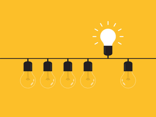 Think differently, standing out from the crowd -The graphic of light bulb represents business concept. New idea, change, trend, courage, creative solution, innovation and unique way concept. Design idea with light bulbs, headline and text place or button with text. Modern style illustration for web banners, hero images, printed materials. individuality illustrations stock illustrations
