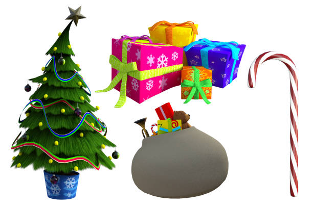 istock Set of cartoon Christmas props isolated on white, 3d render. 1190256458