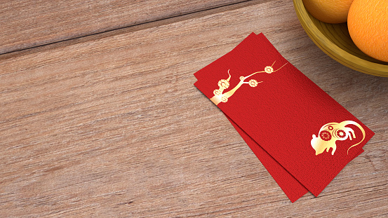 The 3d rendering red envelope reward Chinese new year 2020 on table for holiday content.