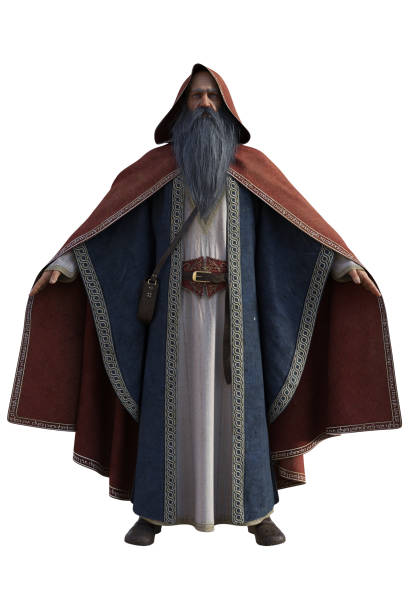 istock Old wise wizard with red cloak isolated on white, 3d render. 1190257001