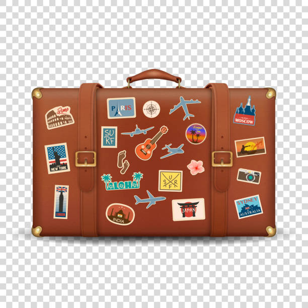 ilustrações, clipart, desenhos animados e ícones de vector 3d realista retro couro marrom threadbare mala e adesivos de viagem, cantos de metal e cintos ícone closeup isolado em fundo transparente. conceito de férias. bolsa de viagem vintage. vista frontal - luggage packing suitcase old