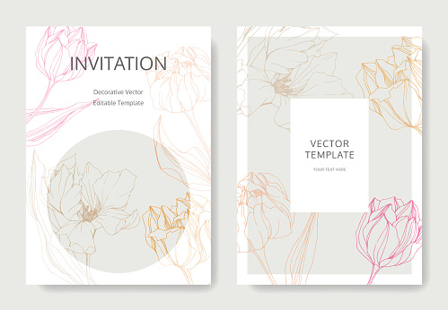 Vector Tulip engraved ink art. Floral botanical flower. Wedding background card floral decorative border. Thank you, rsvp, invitation elegant card illustration graphic set banner.
