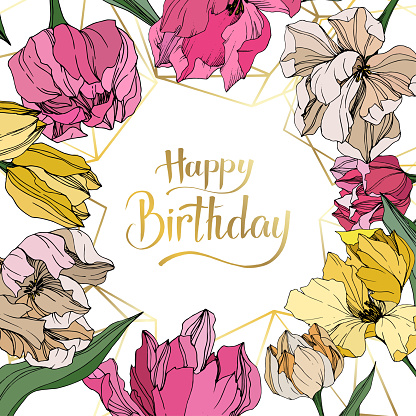 Vector Yellow, pink and white tulip engraved ink art. Floral botanical flower. Wild spring leaf wildflower isolated. Frame border ornament square. Happy Birthday handwriting monogram calligraphy.