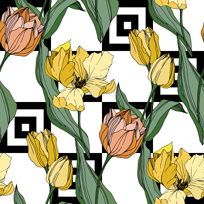 Vector Tulip engraved ink art. Floral botanical flower. Wild spring leaf wildflower isolated. Seamless background pattern. Fabric wallpaper print texture.