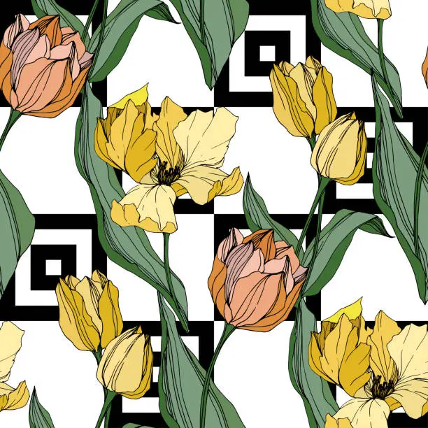 Vector illustration of Vector Tulip engraved ink art. Floral botanical flower. Seamless background pattern. Fabric wallpaper print texture.