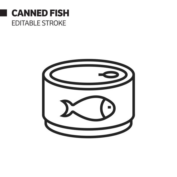 통조림 물고기 선 아이콘, 윤곽선 벡터 기호 그림입니다. 픽셀 완벽, 편집 스트로크. - can packaging tuna food stock illustrations