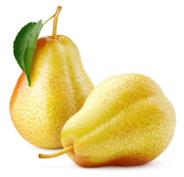 frutta di pere giallo rosso isolata su bianco - two pears foto e immagini stock