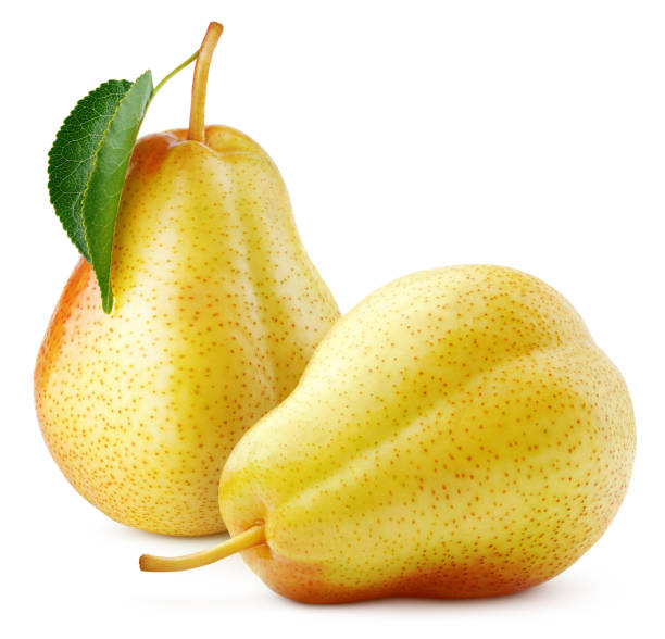 흰색에 고립 된 붉은 노란색 배 과일 - two pears 뉴스 사진 이미지