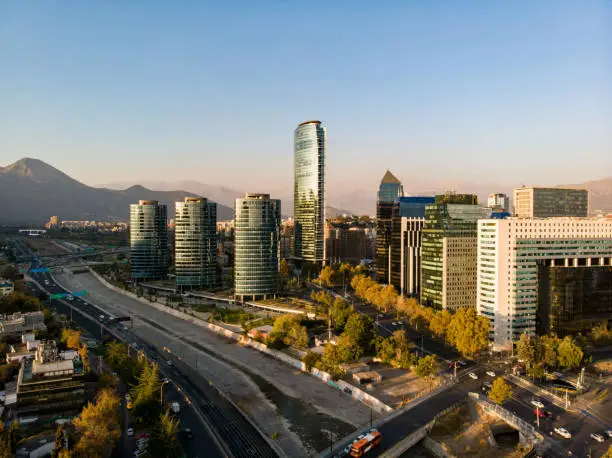 Aerial view of Sanhattan, Financial District located in the east side of Santiago de Chile
