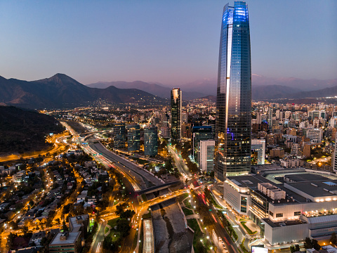 Aerial view of Sanhattan, Financial District located in the east side of Santiago de Chile