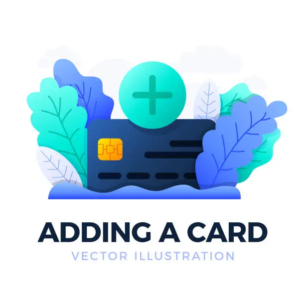 Vector illustration of Plus Button and Credit Card Vector stock illustration isolated on a white background. Concept of opening a bank account or paying for medical services. Opening a bank credit card.